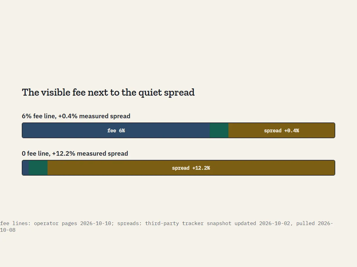Two stacked cost bars for the same basket at two desks: visible fee slice small, exchange-rate spread slice larger