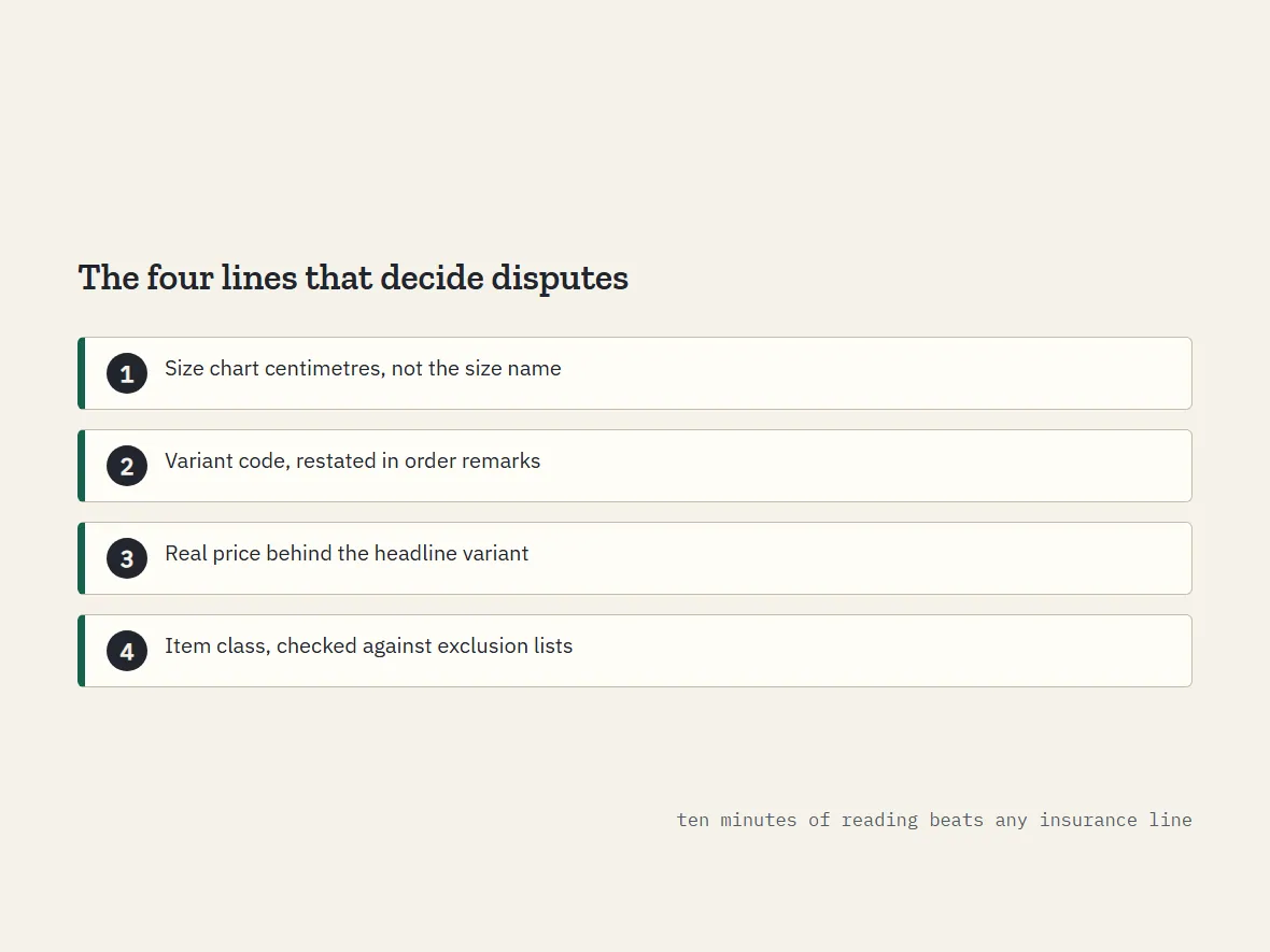 A marketplace listing annotated at four reading points: size chart, variant selector, price options, item class