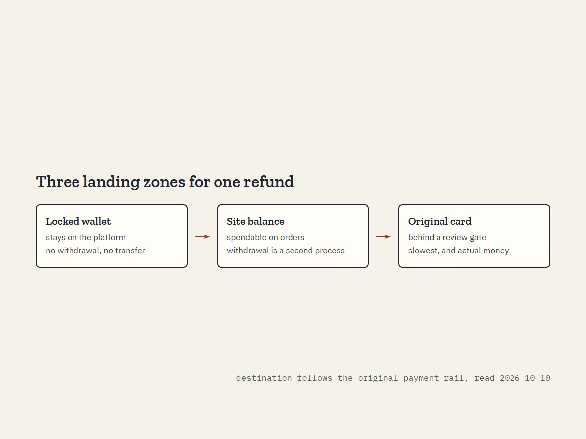 Refund flow splitting into locked wallet, site balance and original card paths with a review gate before the card