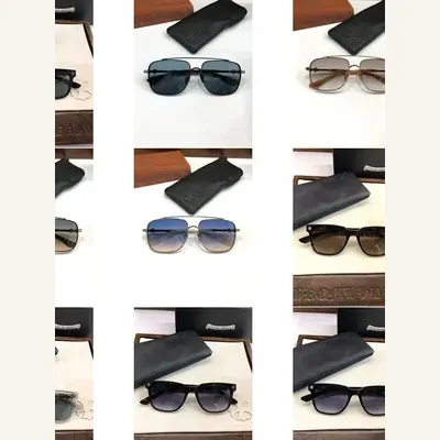 Nine pairs of sunglasses photographed with their cases, one per tile