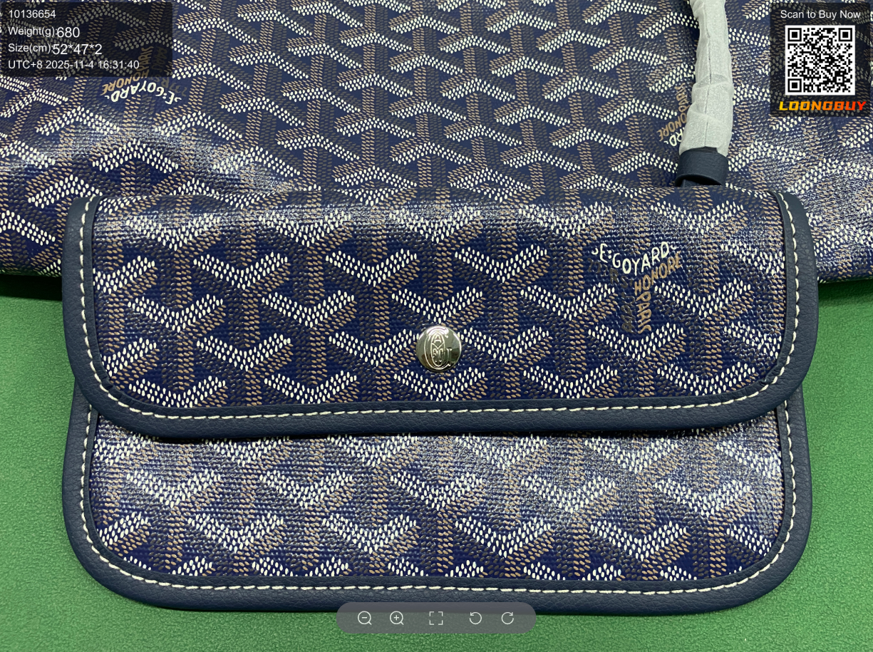 Actual LoongBuy warehouse photo of a patterned bag, trim, stitching and a fastener